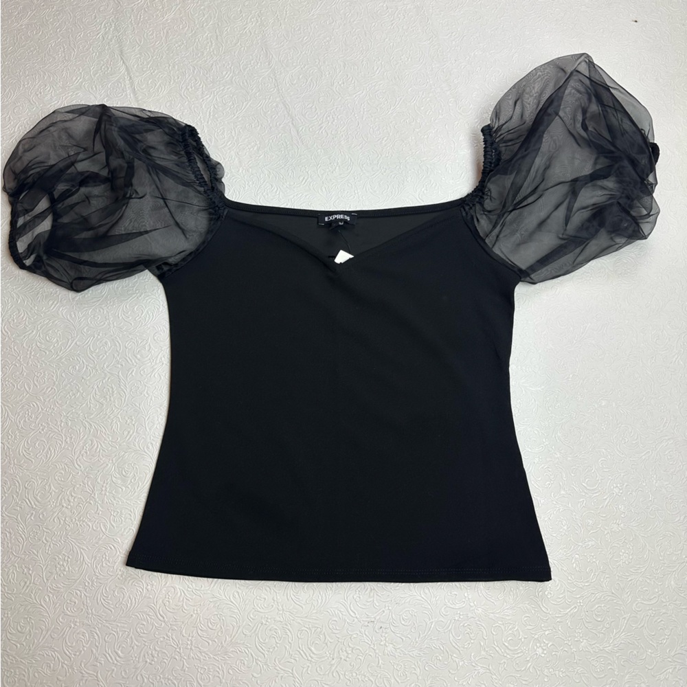 NWT EXPRESS Black Sheer Puff Sleeve Top, Size S